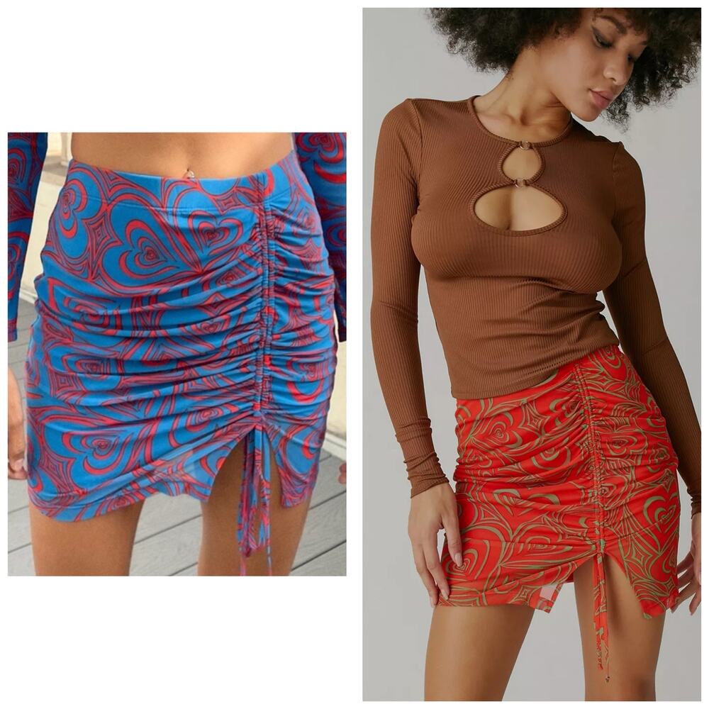 NWT Lisa Says Gah Laney Mini Skirt Size Small Blue Red Heart Mesh Ruched